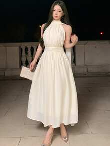 DAZY Women's Elegant Solid White Collar Tie Strap Sleeveless Mid-Length Dress, Summer - White - View 4