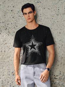 RONVEXI Men's Black Star Universe Print Short Sleeve Top,Premium Custom Luxury Casual Item,Fashionable Casual Silver Foil Print Short Sleeve T-Shirt, Summer Star Shirts Street Wear Tops - Black - View 6