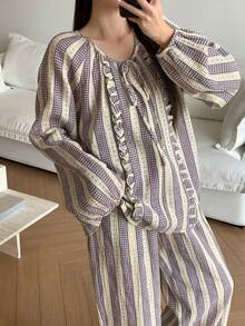 DAZY 2pcs Sweet Plaid & Ditsy Floral Ruffle Trim Long Sleeve Top And Pants Pajama Set, Spring/Autumn - Purple - View 4