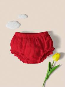 SHEIN 新生儿简约舒适柔软纹理荷叶边下摆松紧腰裤 - 紅色 - 查看 2