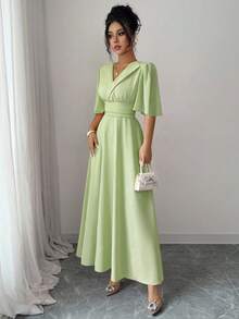 Elenzga 新款女士翻领腰身褶皱雪纺拼接荷叶袖休闲度假日常优雅连衣裙 - 薄荷綠 - 查看 6