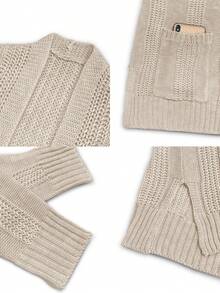 Franclia Women's Solid Color Drop Shoulder Cardigan With Double Pockets, Open Front Fall Winter Cloth For Women - Apricot - View 8