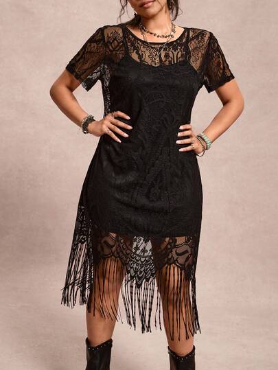 Freevana Plus Size Women's Black Lace Tassel Hem Short Sleeve Dress Bohemian Country Whimsical Casual Fringe Cover Ups Boho Chic Autumn Outfit Concert