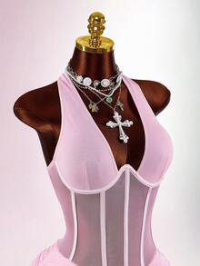 Amplova Halter Neck Sleeveless Rhinestone Waist Cinched Sheer Ruched Sexy Party Mini Dress - Baby Pink - View 13