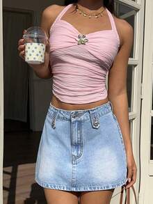 Sunnyshic 女士休闲水洗牛仔裙，适合度假和外出穿着 - 藍色 - 查看 8