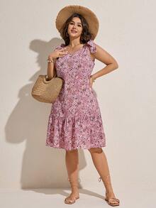 Plus Size Women's Ditsy Floral Bow Tie Ruffle Hem Casual Dress - Pink - View 5