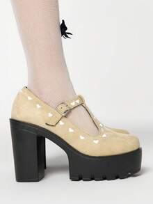 ROMWE Kawaii Women's High Heels And Shoes Black High Heels, Dark Rock Punk Gothic Shoes, Closed Toe T-Shaped With Rivets, Y2K Dress Shoes, Mary Jane Leather Shoes, Japanese JK Uniform Shoes Y2K 2000s Style - Khaki love - View 4