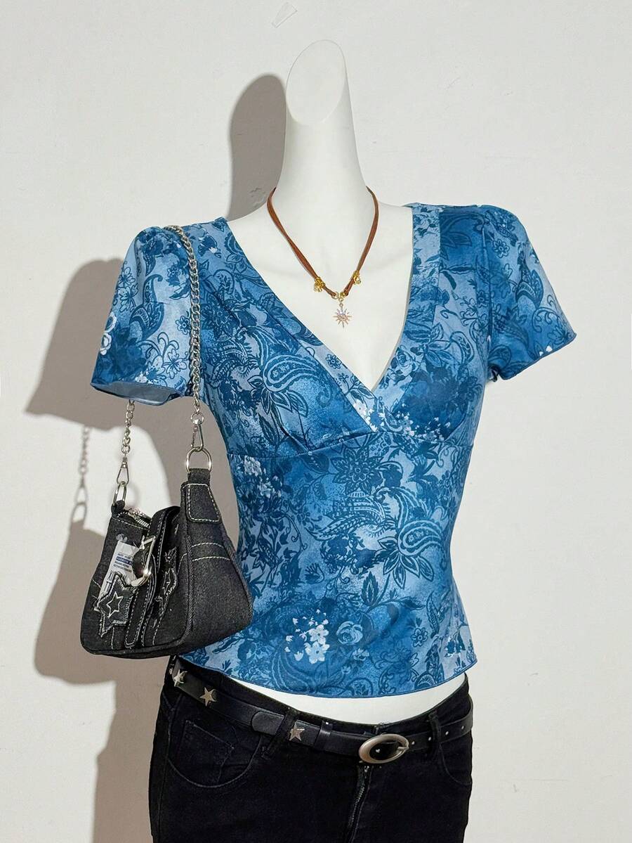 Almamuse 女士春夏新款T恤，扎染印花深V领针织修身优雅复古短袖T恤 - 藍色 - 查看 1