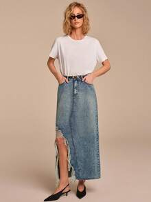 COSMINA Women's Elegant Asymmetrical Hem Frayed Long Denim Skirt, Versatile For Daily Wear, Commute, Office, Valentine's Day Date - Medium Wash - View 4