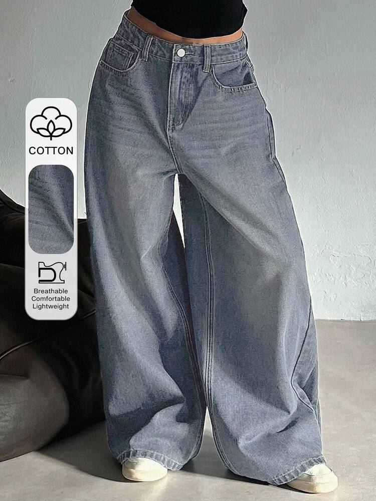 Women's Distressed Washed Wide Leg Jeans