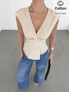 Siren Gaze 女士休闲通勤条纹腰部不对称下摆背心，夏季 - 杏色 - 查看 4