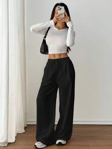 SHEIN PETITE 女士夏季乡村音乐会外出波西米亚海滩度假装扮基本款简约水洗100%纯棉白色弧形裤脚长裤，秋季女装 - 黑色 - 查看 8