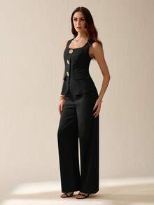 SHEIN Tall 女款純色極簡無袖上衣與長褲兩件套，休閒日常穿著，適合高個女性 - 黑色 - 查看 4