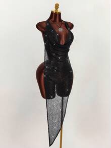 Amplova 2026 Black Sheer Sequin Halter Asymmetrical Music Festival Vest,Summer Top - Black - View 11