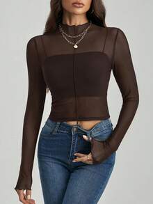 SHEIN Tall 女士立领网眼修身休闲长袖上衣 - 咖啡棕 - 查看 4