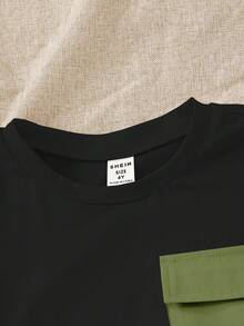 SHEIN Explorewe Young Boy Round Neck Short Sleeve T-Shirt And Drawstring Waist Shorts Casual Daily Outfit - Black - View 5