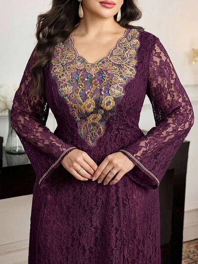 Al Najma Plus Size V-Neck Lace Patchwork Embroidered Elegant Long Sleeve Turkish & Arabic Traditional Maxi Dress