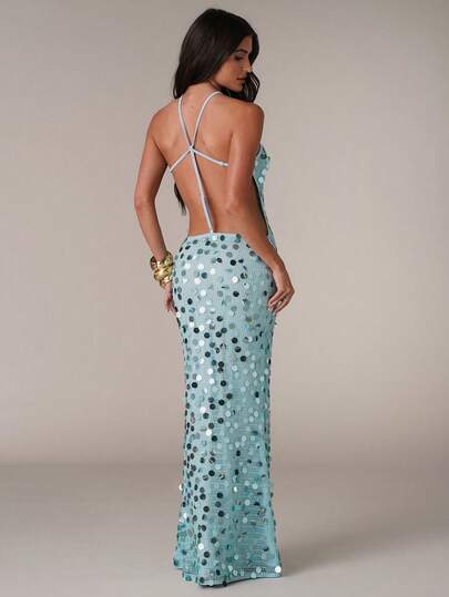 SHEIN BAE Women's Solid Color Sequin Backless Fitted Halter Dress,Spring/Summer New Arrival: Blue Sequined Resort Dress. Perfect For Beach Vacations, Beach Trips, Beach Parties, Dates, Nightclubs, Picnics, Parties, Music Festivals, Brunch, And Other Occasions.
