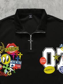 ROMWE MEN 男士四分之一拉链印花宽松Polo衫短袖T恤 - 黑色 - 查看 2