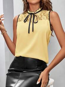 SHEIN Clasi Women's Fashionable Elegant Lace Patchwork Sleeveless Blouse Yellow Top For Women Elegant Yellow Top Blouse Yellow Summer Top Yellow Sexy Top Yellow Butter Top - Light Yellow - View 4