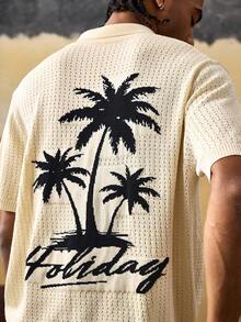 ROMWE MEN Street Life 男士椰子提花短袖单排扣休闲针织上衣 - 米色 - 查看 3