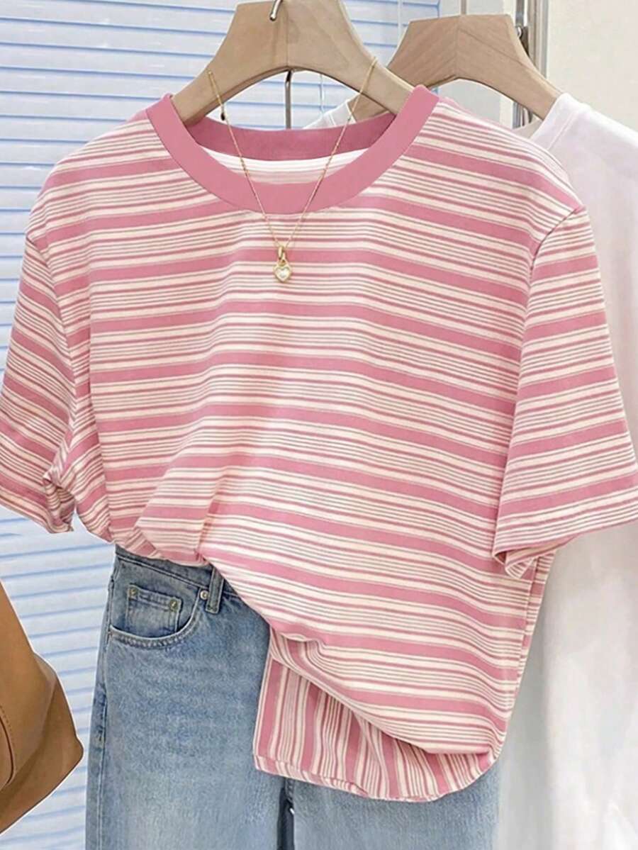 SHEIN Kids Teen Girls' Casual Striped Contrast Color Round Neck Regular T-Shirt, Sweet Pink Aesthetic Shirts Cute Shirts Summer Tops For Teen Girls Pink Striped T-Shirt Summer T-Shirts Pink Shirts Striped Shirts Cute Tops Cute Cheap Clothes Summer Tops For Teen Girls Aesthetic Girl Shirts Summer Casual Tops Cute Tops For Summer - Pink - View 1