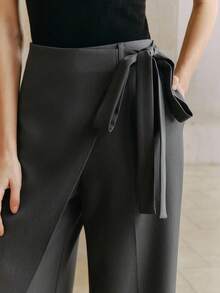 Anewsta 高腰不对称下摆系带蝴蝶结宽松休闲通勤长裤（女款） - 灰色 - 查看 3