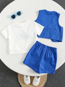 SHEIN Baby Jungen/Mädchen 3-teiliges Set: Weicher gestrickter Pullover mit Buchstabendruck, rundem Ausschnitt und Kurzarm, ärmelloser Cargo-Weste und Shorts mit Gummibund, geeignet für lässige Unternehmungen und Straßenmode - Verschiedenfarbig - Übersicht 2