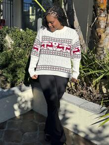 Tyla Gomez 女士休闲驯鹿图案圆领落肩长袖毛衣，秋冬 - 白色 - 查看 5