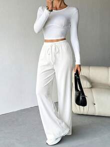 SHEIN Tall Women's Ribbed Brushed Wide Leg Pants, Suitable For Autumn/Winter - White - View 6