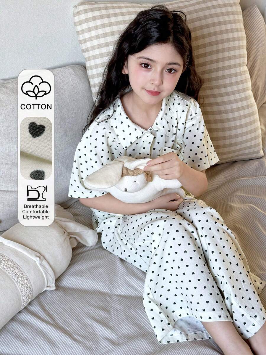 Dazy Kids Conjunto de pijama informal de top de manga media con cuello de lunares y pantalones de pierna ancha para niña preadolescente - Multicolor - Ver 1