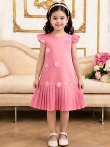 Elladie kids 1pc Girls' Summer Round Neck A-Line Dress With Ruffle Sleeves, Pleated Hem, Floral Decor, Minimalist Casual Vintage Style, Suitable For Daily Wear, Red Floral Applique Dress Flowerance Dress Girls Pleated Dress Kids Pink Elegant Dress Pink Dress Girls Pleated Dress Girls Ruffle Sleeve Dress Girls - Hot Pink - View 5