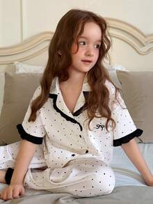 DAZY Tween Girls Spring/Summer New Polka Dot All-Over Print Bow Embroidered Short Sleeve Top And Pants Loungewear Set - Black and White - View 4