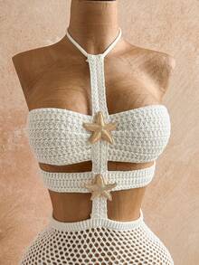 Soleia 新款度假风露背系带镂空海星流苏下摆修身迷你毛衣连衣裙，波西米亚风，度假风，复古风，假日风，海滩风，邮轮风 - 白色 - 查看 5