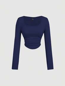 SHEIN MOD 4件套女士褶皱休闲方领长袖T恤套装，保暖衣物，秋季女装，外出上衣，假日女装，新年装，棕色上衣 - 彩色 - 查看 5