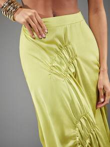 NYA SZN Denise Skirt High Waisted Rise Loose Ruche Cinch Detail Brown Satin Cold Weather Warm Weather Mothers Day Spring Summer Event Special Occasion Party Elegant Luxury Maxi Length For Women - Green - View 7