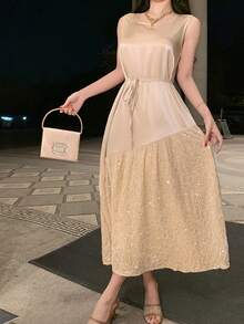 DAZY 女士优雅亮片拼接系带无袖中长连衣裙，夏季 - 米色 - 查看 4