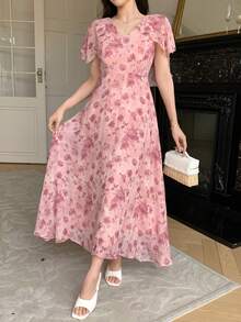 DAZY Women's Elegant Floral V-Neck Ruffle Sleeve Mid-Length Dress, Summer,Wedding Guest Dress Women Sundress Boho Vacation Outfits Women - Pink - View 6