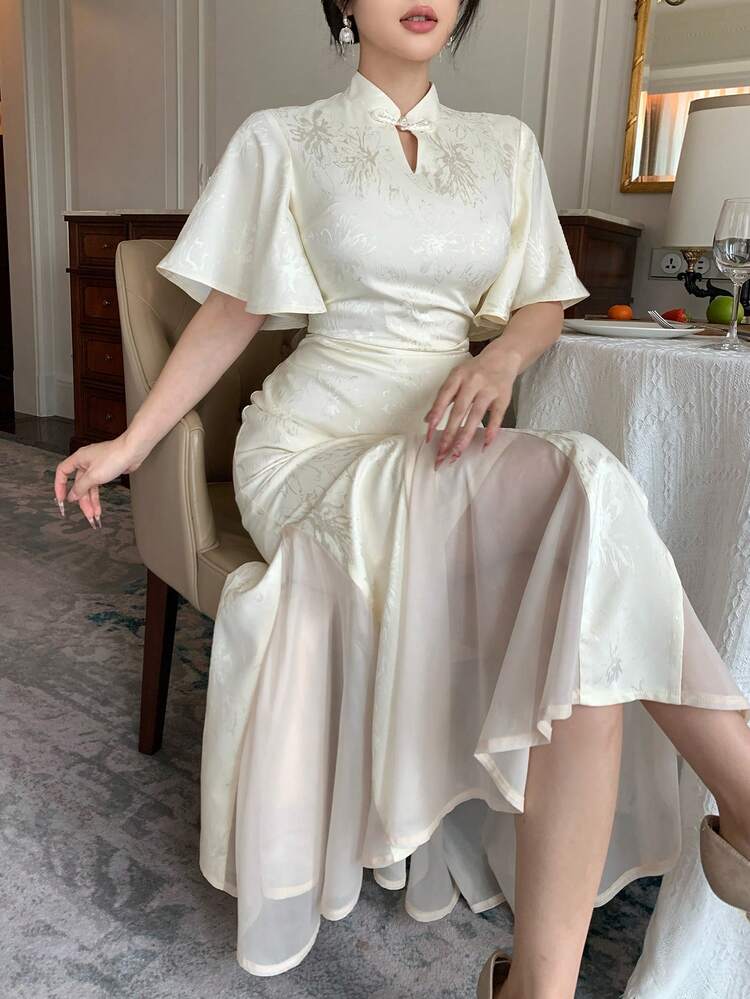 Women's Elegant Floral Patchwork Mandarin Collar Ruffle Sleeve Mid-Length Dress, Summer,Wedding Guest Dress Women Maxi Dress Sundress