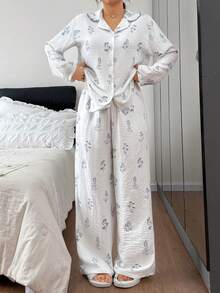 DAZY 白色碎花宽松女士睡衣套装 - 白色 - 查看 5