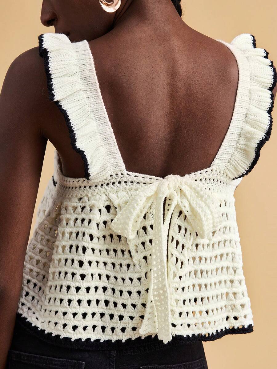 Travachic 女士夏季海滩度假风荷叶边露背系带开襟针织毛衣 - 黑與白 - 查看 1