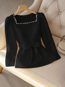 GlowEve CURVE Rhinestone Embellished Square Collar Cute Bow Plus Size Blouse - Black - View 1