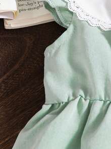 1件女婴夏季新款彼得潘领荷叶边喇叭袖蝴蝶结腰身松紧后襟A字前片刺绣绿色可爱田园风百搭公主裙 - 綠色 - 查看 7