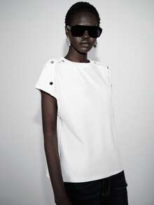 Lumivelle Camiseta casual de mujer de unicolor con cuello redondo y botones, primavera/verano - Blanco - Ver 5