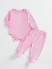 [3 Sets] Recién nacido unicolor Casual Cómodo Mono de manga larga y pantalones Conjunto de pijama de 2 piezas, adecuado para todas las estaciones - Multicolor - Ver 4