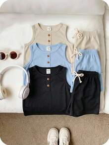SHEIN 6 pièces Ensemble 2 pièces haut sans manches col rond et shorts pour enfants garçons, décontracté. Polyvalent pour l'école, le jardin, la plage, les anniversaires, le printemps/été/automne/hiver. Hauts assortis, ensembles de tenues pour garçons, ensembles de tenues pour adolescentes filles, hauts d'école, t-shirts pour enfants garçons - Multicolore - Voir 5