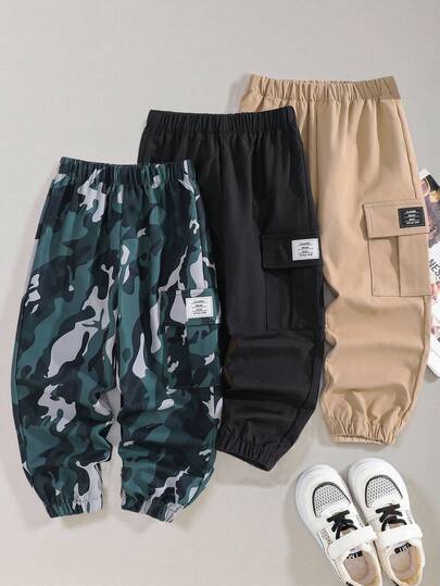 SHEIN 3 piezas Pantalones largos sueltos de tejido estampado y de unicolor con bolsillo y cordón para niños, paquete de 3 adecuado para ir y venir, escuela, casual, vacaciones, deportes, primavera/verano