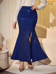 Modelyn Women's Blue Unique Design Bodycon Mermaid Hem Slit Pleated Skirt - Blue - View 5