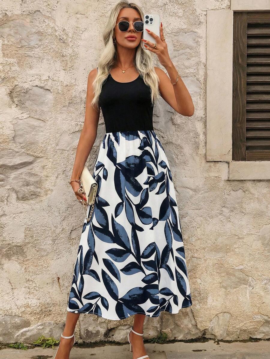 SHEIN Clasi 女士优雅度假风印花阴阳拼接露背连衣裙，腰部收紧 - 黑色 - 查看 1