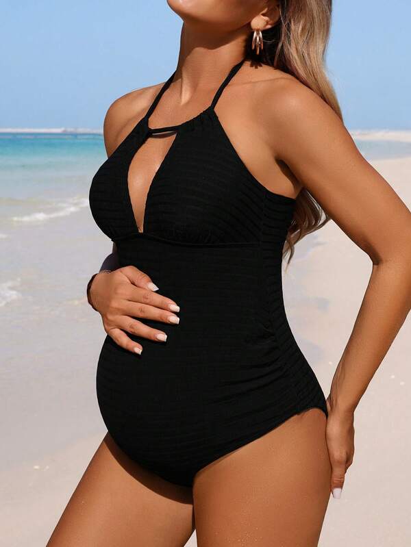 Swim Vcay Hamileler için Düz Renk Sırtı Açık Askılı Tek Parça Mayo, Plaj Tatili İçin